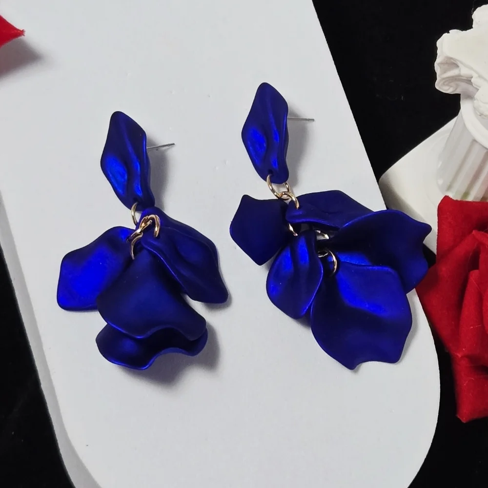 Royal Blue Flower Petal Earrings Sculptural Floral Statement Dangle Earrings New